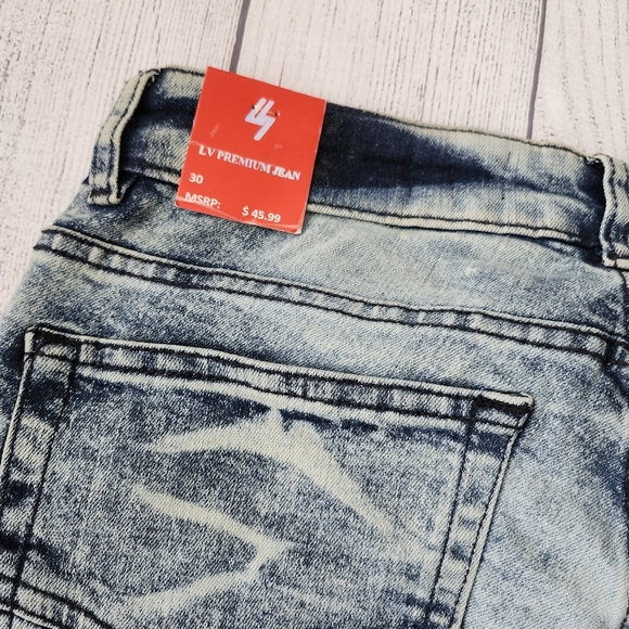Skinny Fit Distressed Blue Wash Denim Shorts - Picture 14 of 15